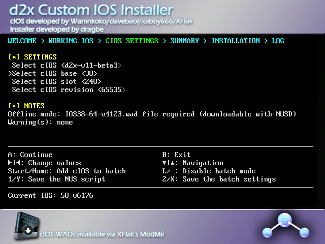 d2x cIOS Installer con versione v11 beta 3, base 38 e slot 248