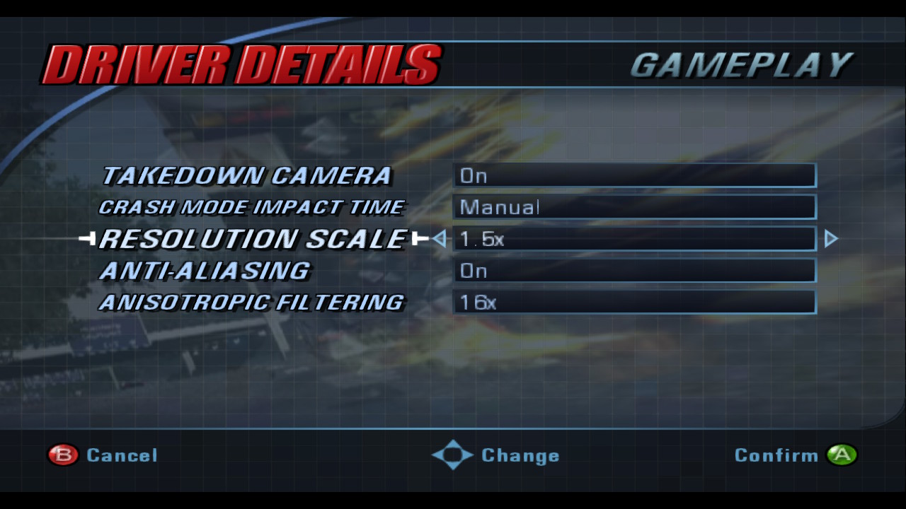 Burnout 3 su Switch: risoluzione, anti-aliasing e filtro anisotropico nel menu Gameplay