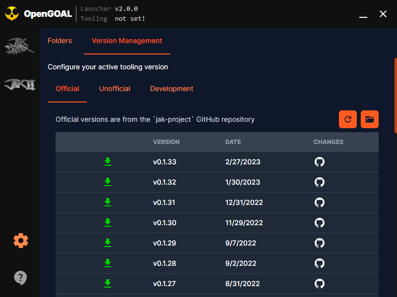 Launcher OpenGOAL: scelta e download delle versioni dei port di Jak